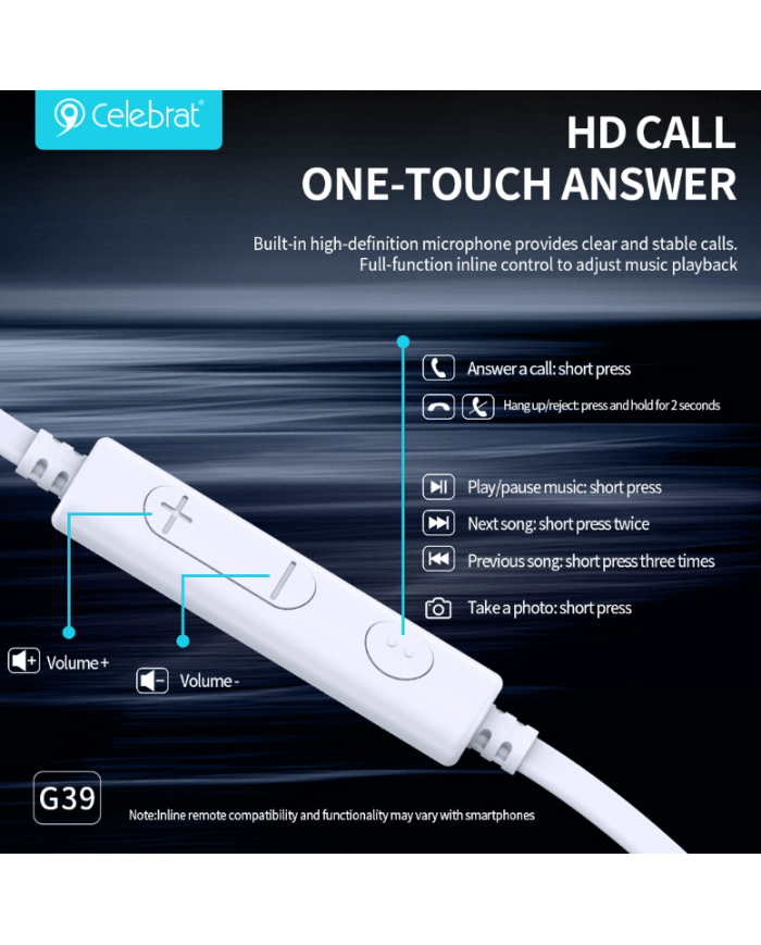 CELEBRAT earphones με μικρόφωνο G39, USB-C σύνδεση, 14mm, 1.2m, μαύρα