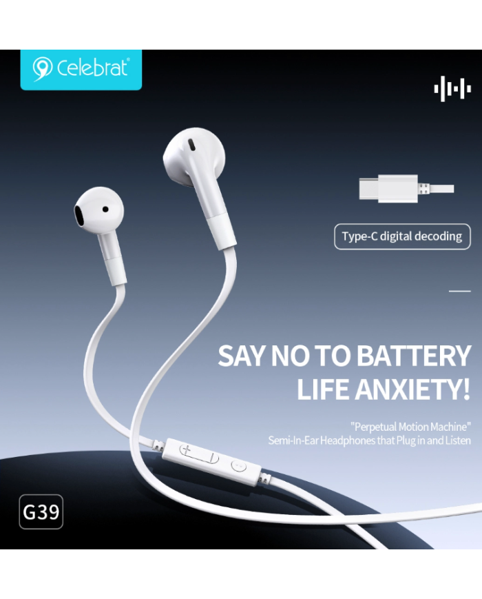 CELEBRAT earphones με μικρόφωνο G39, USB-C σύνδεση, 14mm, 1.2m, μαύρα