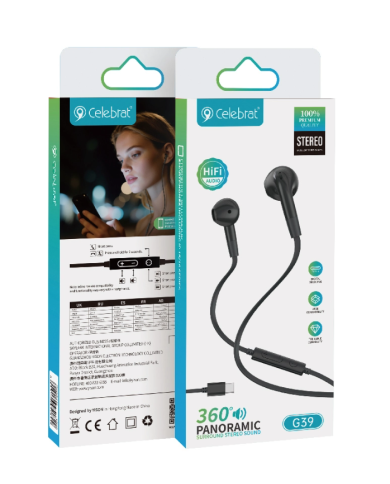 CELEBRAT earphones με μικρόφωνο G39, USB-C σύνδεση, 14mm, 1.2m, μαύρα