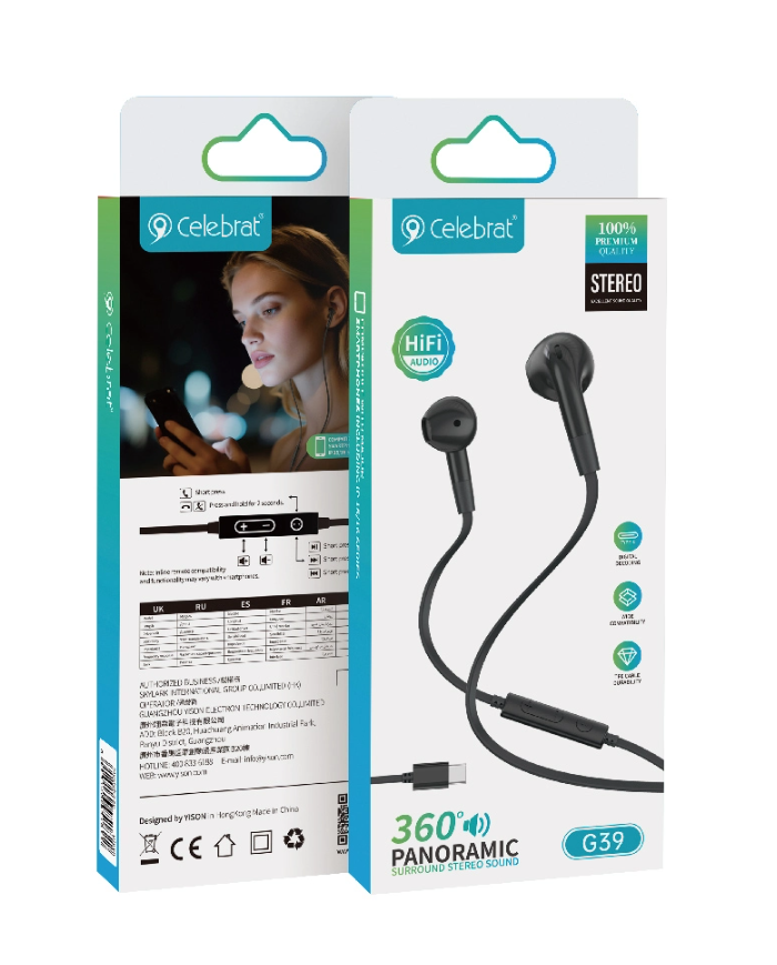 CELEBRAT earphones με μικρόφωνο G39, USB-C σύνδεση, 14mm, 1.2m, μαύρα