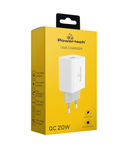 POWERTECH φορτιστής τοίχου PT-780, USB QC 3.0, 20W, 4A, λευκός