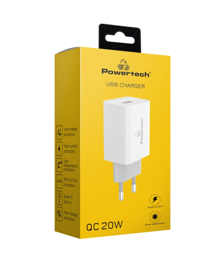 POWERTECH φορτιστής τοίχου PT-780, USB QC 3.0, 20W, 4A, λευκός