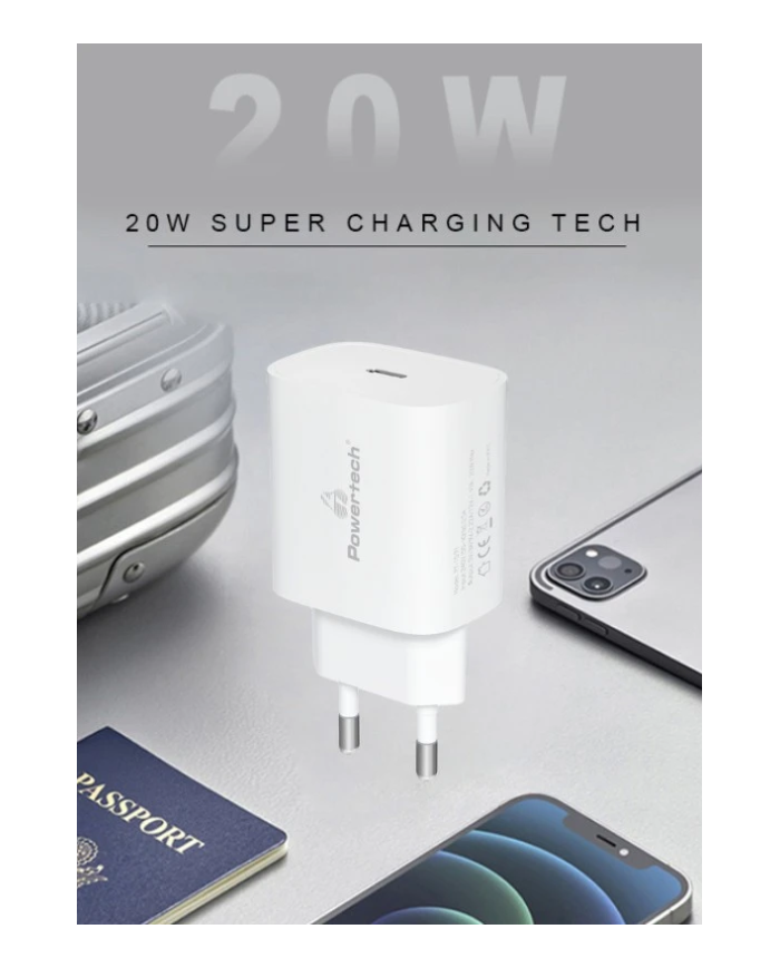 POWERTECH φορτιστής τοίχου PT-1091, USB-C, PD 20W, λευκός
