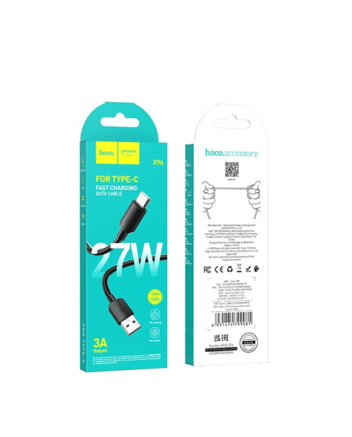 HOCO X96 HYPER, ΚΑΛΩΔΙΟ ΦΟΡΤΙΣΗΣ ΚΑΙ ΔΕΔΟΜΕΝΩΝ 27W, USB ΣΕ TYPE-C, 1m, ΜΑΥΡΟ