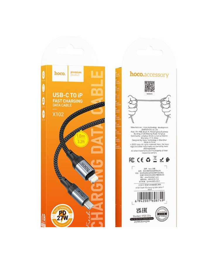 HOCO X102 ΚΑΛΩΔΙΟ ΦΟΡΤΙΣΗΣ PD ΣΕ LIGHTNING, 27W, ΜΑΥΡΟ