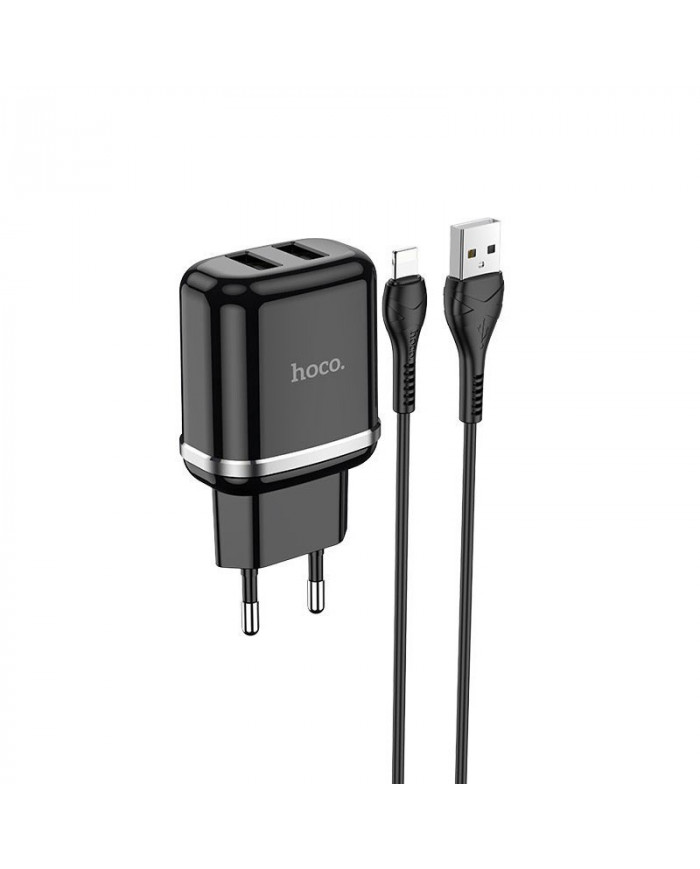 Φορτιστής Ταξιδίου Hoco  με 2 Εξόδους Φόρτισης USB 5V 2.4A Μαύρος με Καλώδιο Lightning 1μ