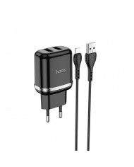 Φορτιστής Ταξιδίου Hoco  με 2 Εξόδους Φόρτισης USB 5V 2.4A Μαύρος με Καλώδιο Lightning 1μ