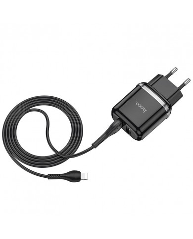Φορτιστής Ταξιδίου Hoco  με 2 Εξόδους Φόρτισης USB 5V 2.4A Μαύρος με Καλώδιο Lightning 1μ