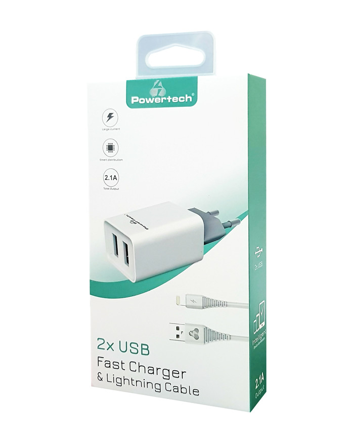 POWERTECH Φορτιστής τοίχου & καλώδιο Lightning , 2x USB, 2.1A