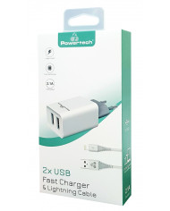 POWERTECH Φορτιστής τοίχου & καλώδιο Lightning , 2x USB, 2.1A