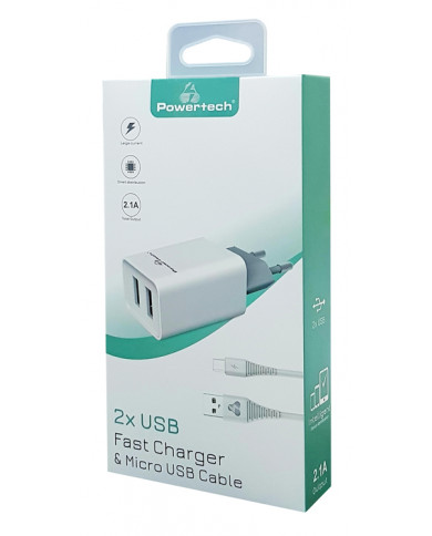 POWERTECH Φορτιστής τοίχου & καλώδιο Micro USB PT-775, 2x USB, 2.1A POWERTECH Φορτιστής τοίχου & καλώδιο Micro USB PT-775, 2x USB, 2.1A