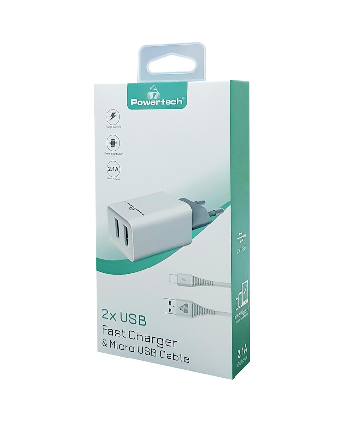 POWERTECH Φορτιστής τοίχου & καλώδιο Micro USB , 2x USB, 2.1A