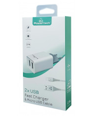 POWERTECH Φορτιστής τοίχου & καλώδιο Micro USB , 2x USB, 2.1A