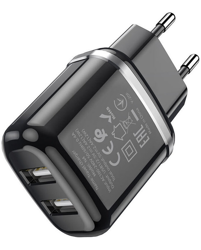 Hoco micro USB Cable & 2x USB-A Wall Adapter Μαύρο (N4 Aspiring)