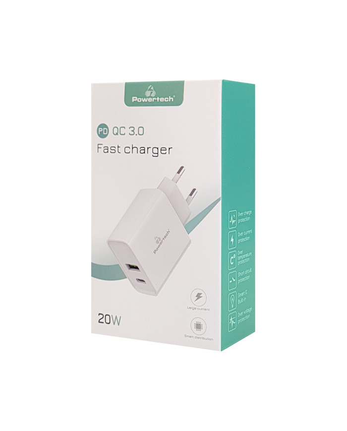 Powertech USB / USB Type-C Wall Adapter Λευκό 20W
