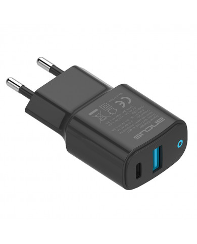 Φορτιστής Ταξιδίου Ancus Supreme Series Dual με USB και USB-C PD 18W 5V/3.4A Μαύρος με ένδειξη LED