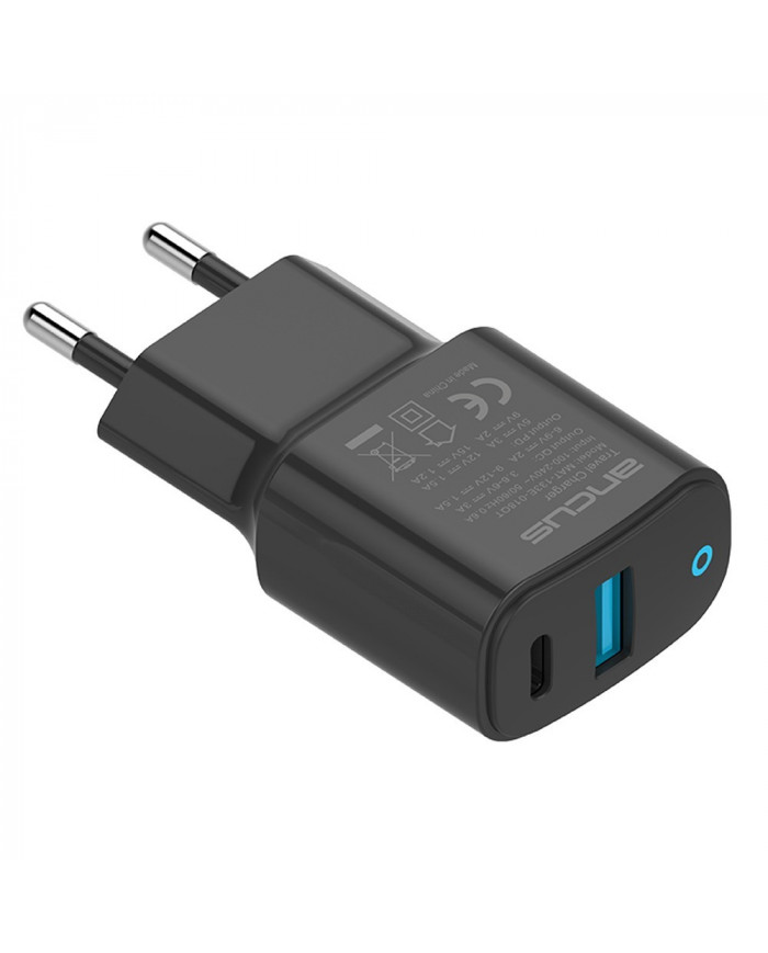 Φορτιστής Ταξιδίου Ancus Supreme Series Dual με USB και USB-C PD 18W 5V/3.4A Μαύρος με ένδειξη LED