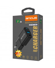 Φορτιστής Ταξιδίου Ancus Supreme Series Dual με USB και USB-C PD 18W 5V/3.4A Μαύρος με ένδειξη LED