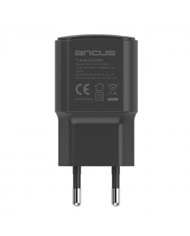 Φορτιστής Ταξιδίου Ancus Supreme Series Dual με USB και USB-C PD 18W 5V/3.4A Μαύρος με ένδειξη LED