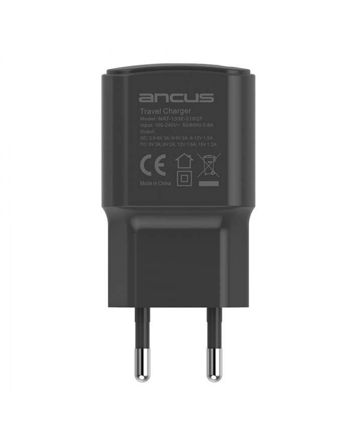 Φορτιστής Ταξιδίου Ancus Supreme Series Dual με USB και USB-C PD 18W 5V/3.4A Μαύρος με ένδειξη LED