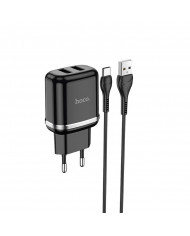 Φορτιστής Ταξιδίου Hoco N4 Aspiring με 2 Εξόδους Φόρτισης USB 5V 2.4A Μαύρος με Καλώδιο USB-C 1μ