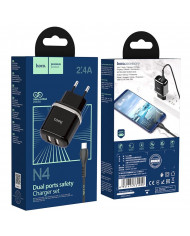 Φορτιστής Ταξιδίου Hoco N4 Aspiring με 2 Εξόδους Φόρτισης USB 5V 2.4A Μαύρος με Καλώδιο USB-C 1μ