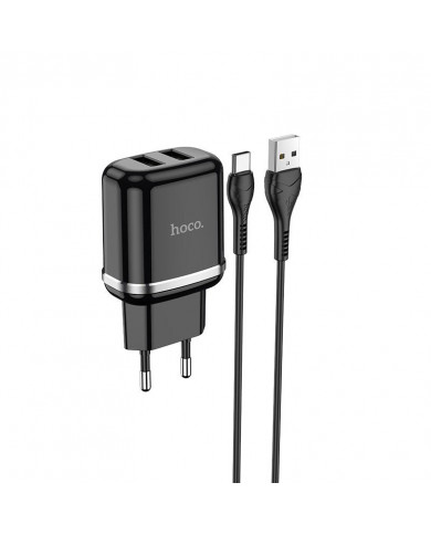 Φορτιστής Ταξιδίου Hoco N4 Aspiring με 2 Εξόδους Φόρτισης USB 5V 2.4A Μαύρος με Καλώδιο USB-C 1μ