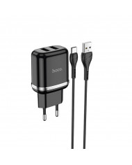 Φορτιστής Ταξιδίου Hoco N4 Aspiring με 2 Εξόδους Φόρτισης USB 5V 2.4A Μαύρος με Καλώδιο USB-C 1μ