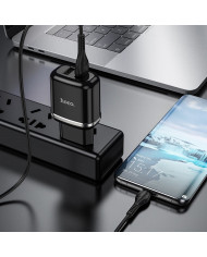 Φορτιστής Ταξιδίου Hoco N4 Aspiring με 2 Εξόδους Φόρτισης USB 5V 2.4A Μαύρος με Καλώδιο USB-C 1μ