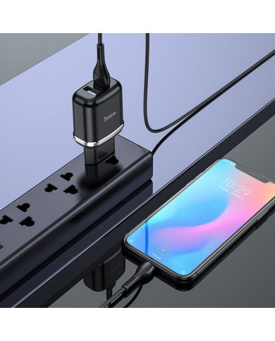 Φορτιστής Ταξιδίου Hoco N4 Aspiring με 2 Εξόδους Φόρτισης USB 5V 2.4A Μαύρος με Καλώδιο USB-C 1μ