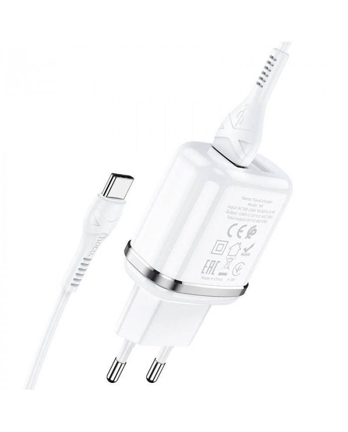 Φορτιστής Ταξιδίου Hoco N4 Aspiring με 2 Εξόδους Φόρτισης USB 5V 2.4A Λευκός με Καλώδιο USB-C 1μ