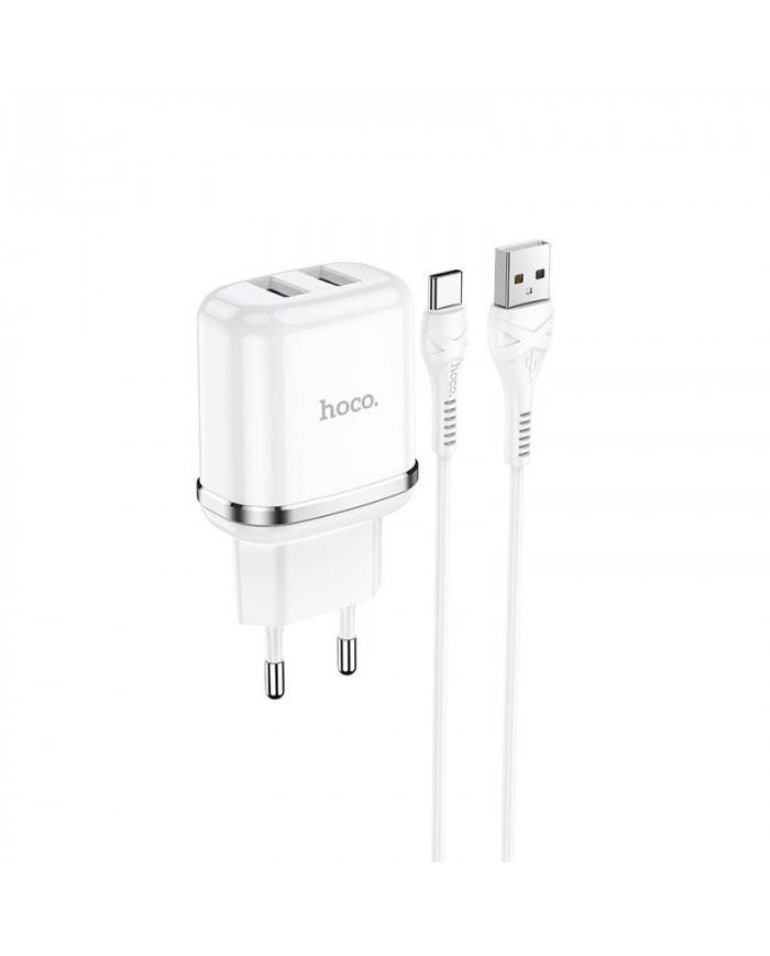 Φορτιστής Ταξιδίου Hoco N4 Aspiring με 2 Εξόδους Φόρτισης USB 5V 2.4A Λευκός με Καλώδιο USB-C 1μ