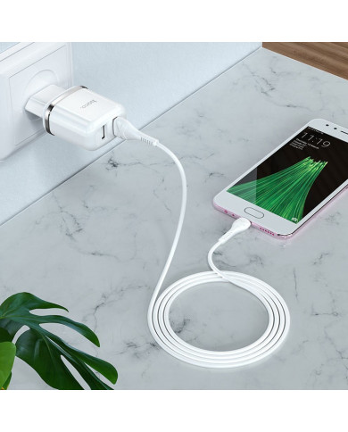 Φορτιστής Ταξιδίου Hoco N4 Aspiring με 2 Εξόδους Φόρτισης USB 5V 2.4A Λευκός με Καλώδιο USB-C 1μ