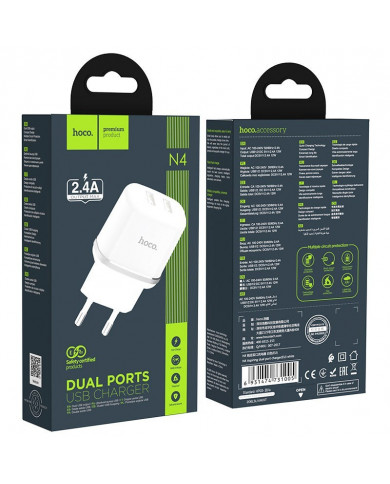 Φορτιστής Ταξιδίου Hoco N4 Aspiring με 2 Εξόδους Φόρτισης USB 5V 2.4A Λευκός
