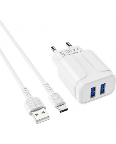 Borofone Type-C Cable & 2x USB Wall Adapter Λευκό (BA37A Speedy)