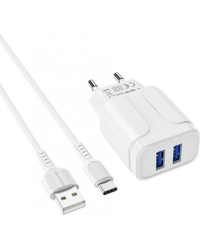 Borofone Type-C Cable & 2x USB Wall Adapter Λευκό (BA37A Speedy)
