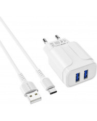 Borofone Type-C Cable & 2x USB Wall Adapter Λευκό (BA37A Speedy)